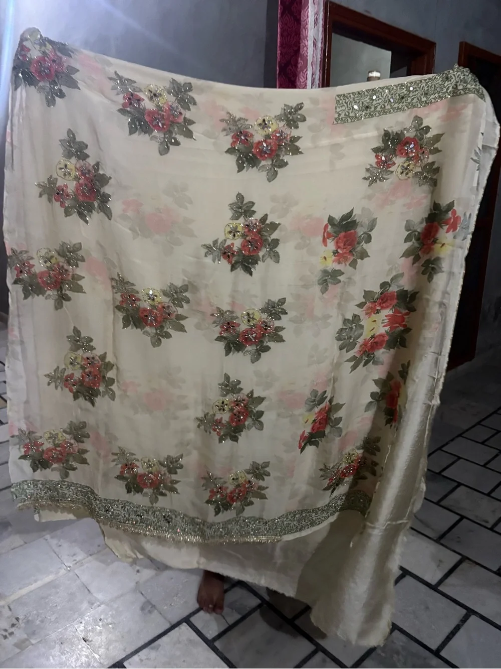 Elegant Floral Embroidered Sheer Unstitched  - Pink and Gold
